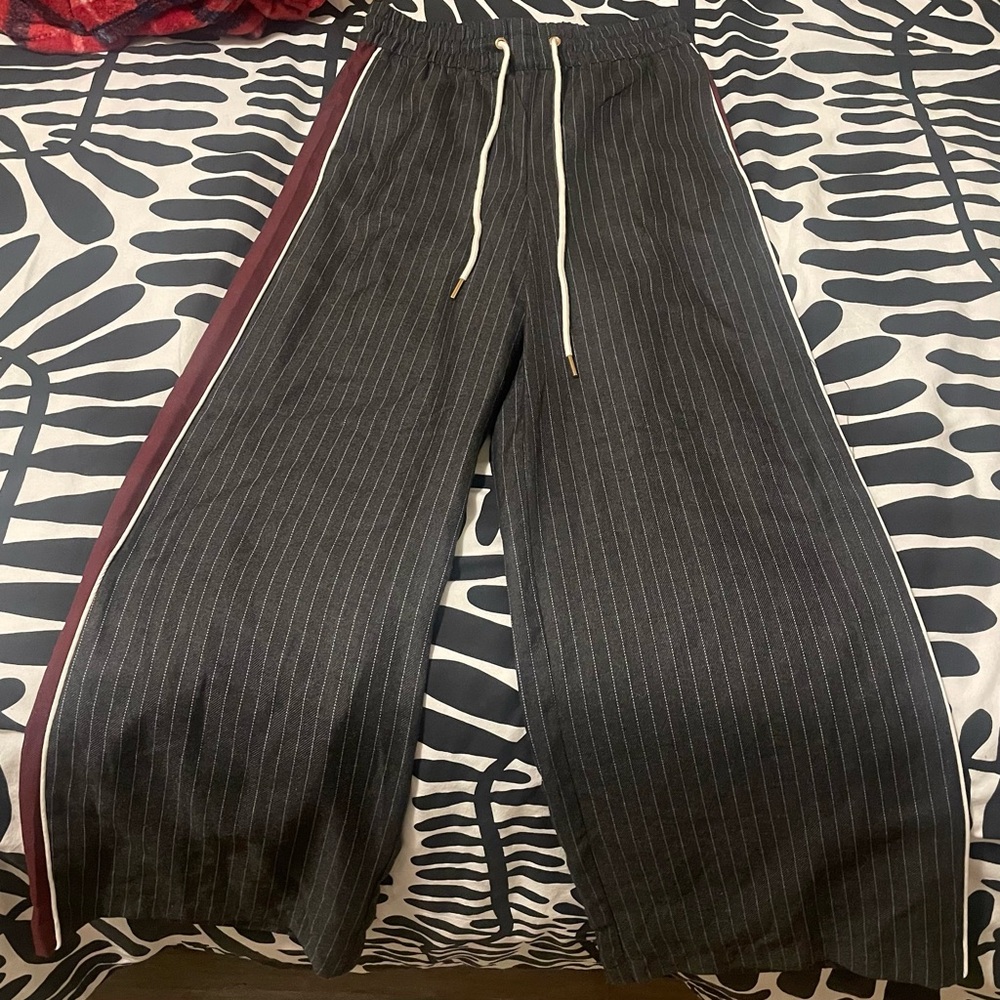 H&M Black Pinstripe Wide-Leg Pants with Burgundy Side Stripe